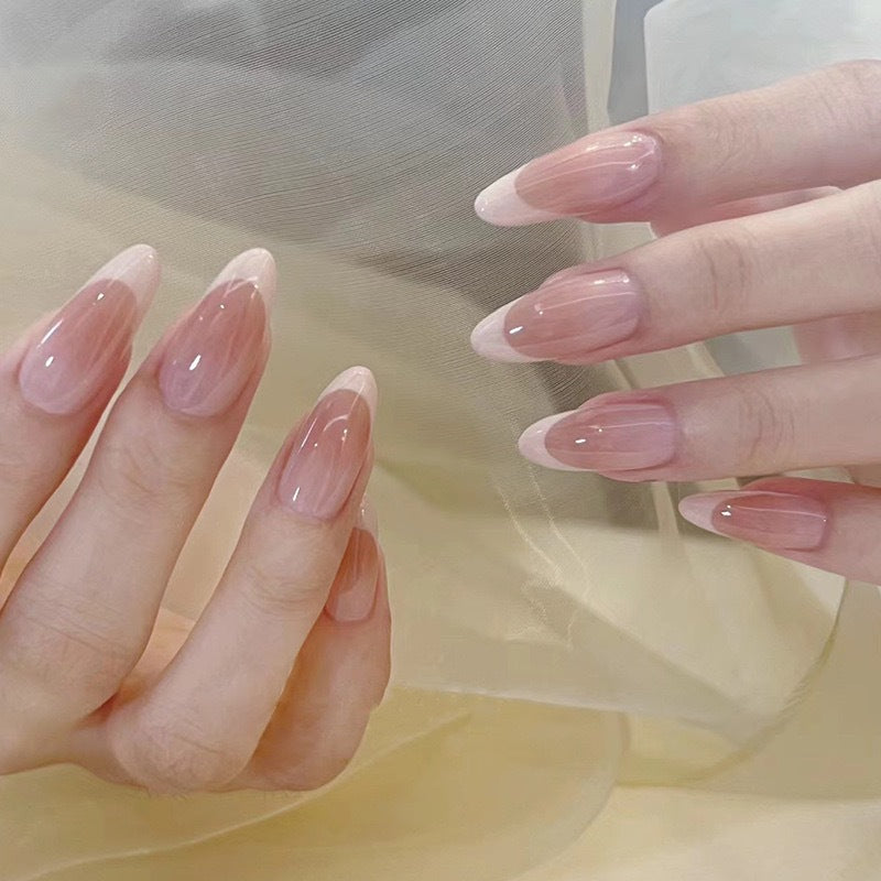 24pcs French Tip Almond Press On Nails [ with glue stickers]