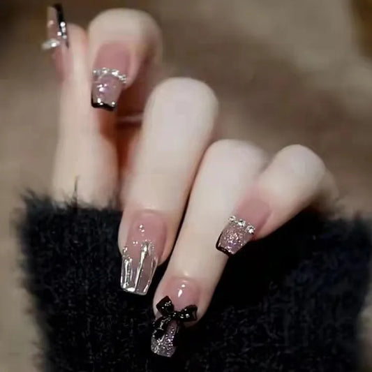 24 Pcs Black Press On Nails with Bow Rhinestone [With Glue Stickers ]