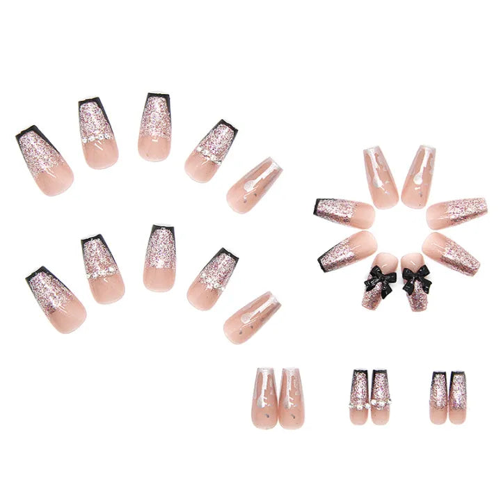 24 Pcs Black Press On Nails with Bow Rhinestone [With Glue Stickers ]