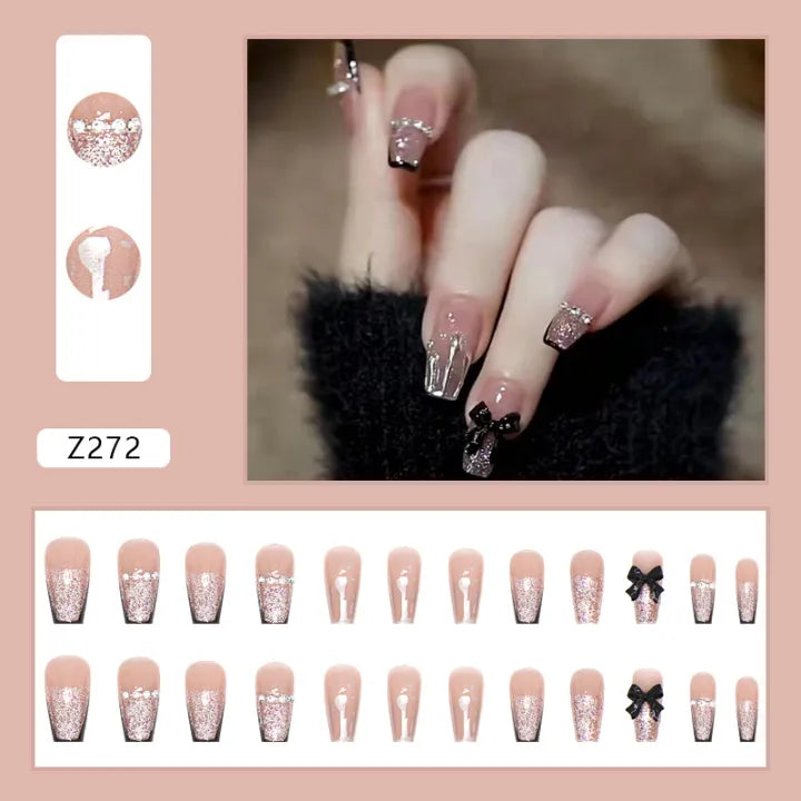 24 Pcs Black Press On Nails with Bow Rhinestone [With Glue Stickers ]