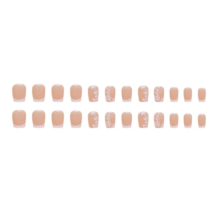 White French Tip Press on Nails 24 pcs - Spring Flower [with nail glue stickers]