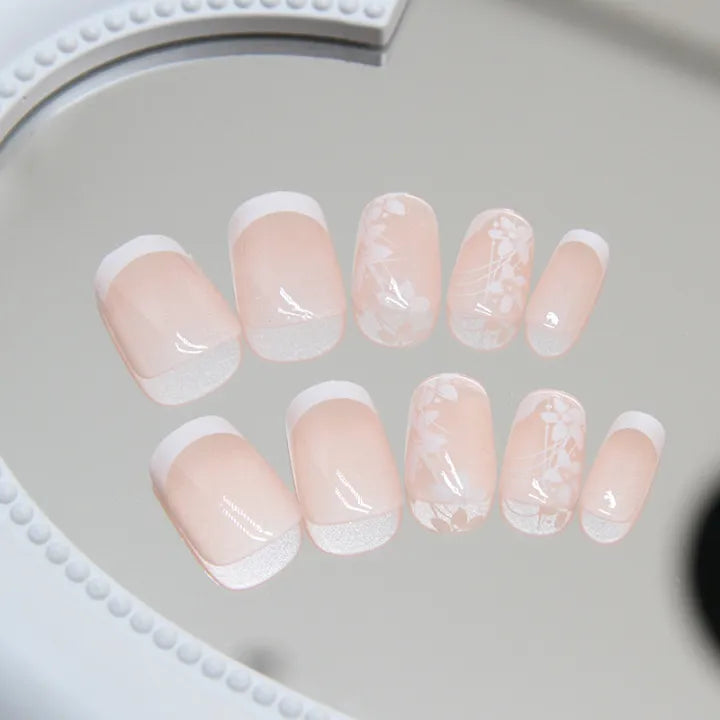 White French Tip Press on Nails 24 pcs - Spring Flower [with nail glue stickers]