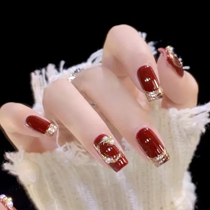 Gold Wine Red 24Pcs Press on Nails [with nail glue stickers ]
