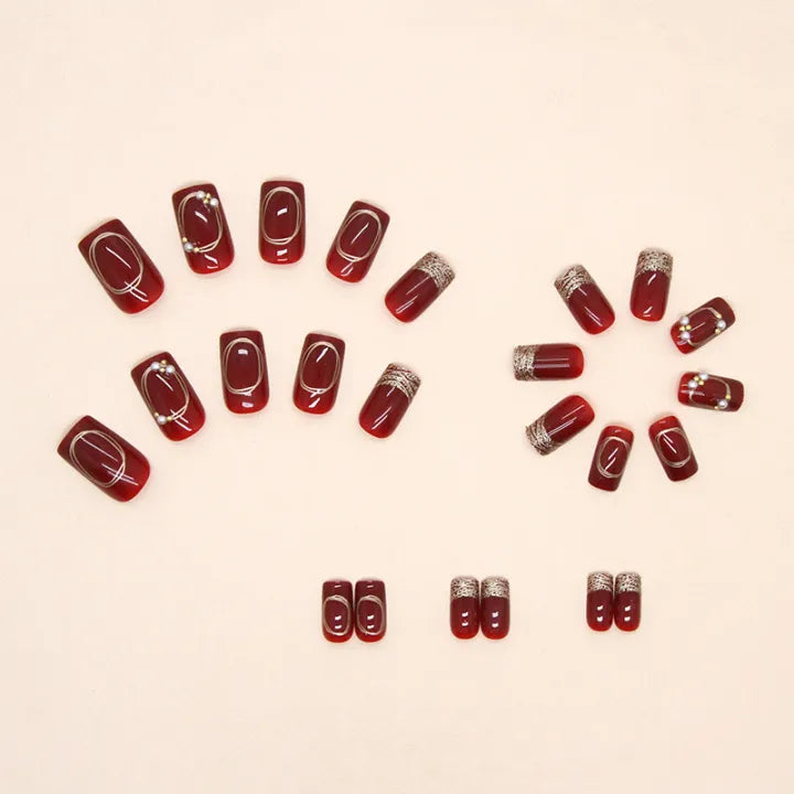 Gold Wine Red 24Pcs Press on Nails [with nail glue stickers ]