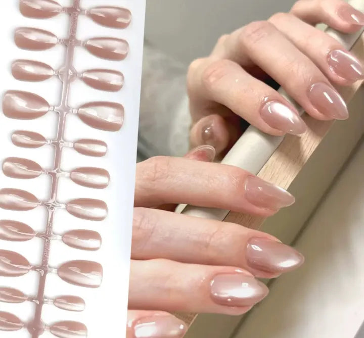 30 pcs Cat eye Press on Nails Almond Milk tea [ with glue stickers mini file]