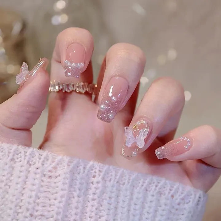 Pink Butterfly Press on Nails 24 pcs [With Glue Stickers ]