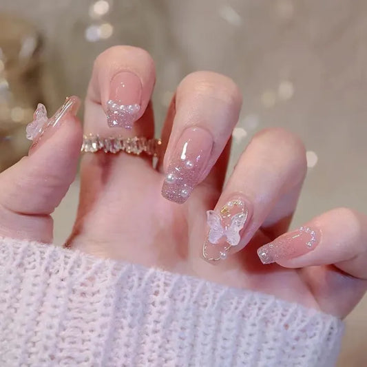 Pink Butterfly Press on Nails 24 pcs [With Glue Stickers ]