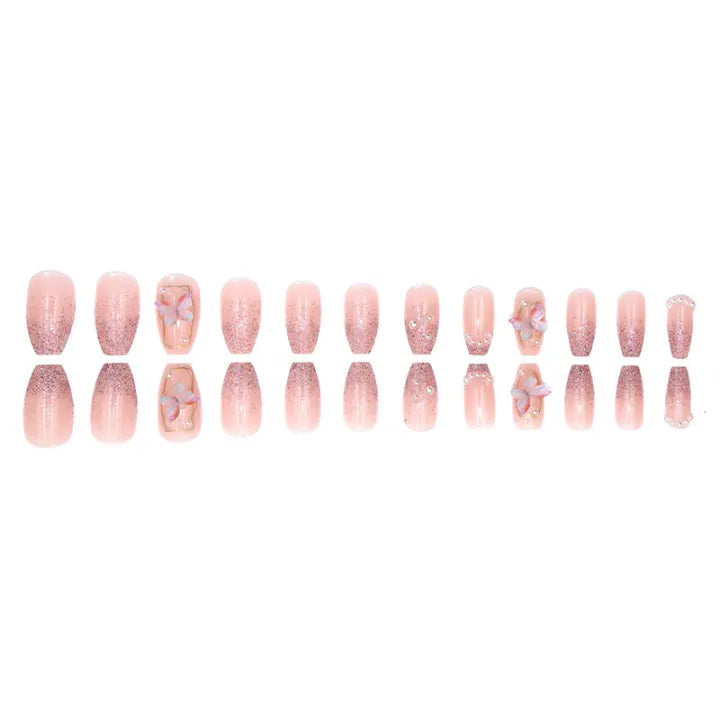 Pink Butterfly Press on Nails 24 pcs [With Glue Stickers ]