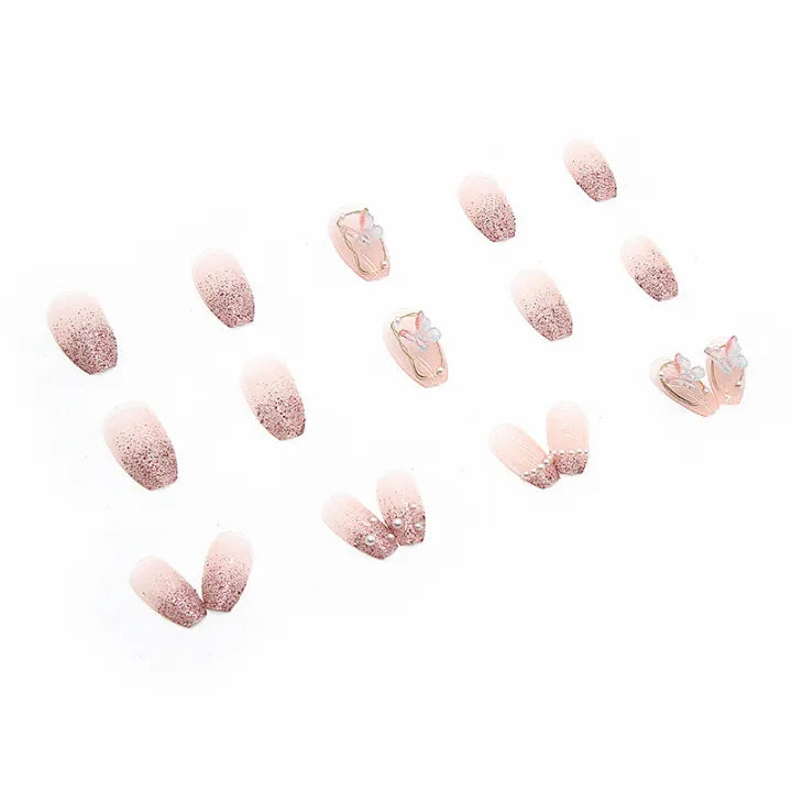 Pink Butterfly Press on Nails 24 pcs [With Glue Stickers ]