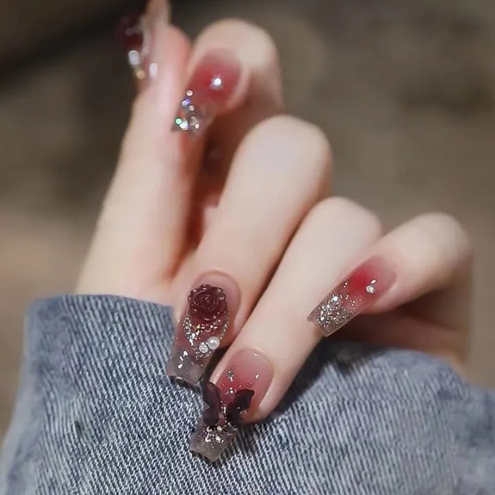 24Pcs Press on Nails Red Butterfly[With Glue Stickers ]
