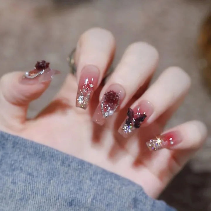 24Pcs Press on Nails Red Butterfly[With Glue Stickers ]