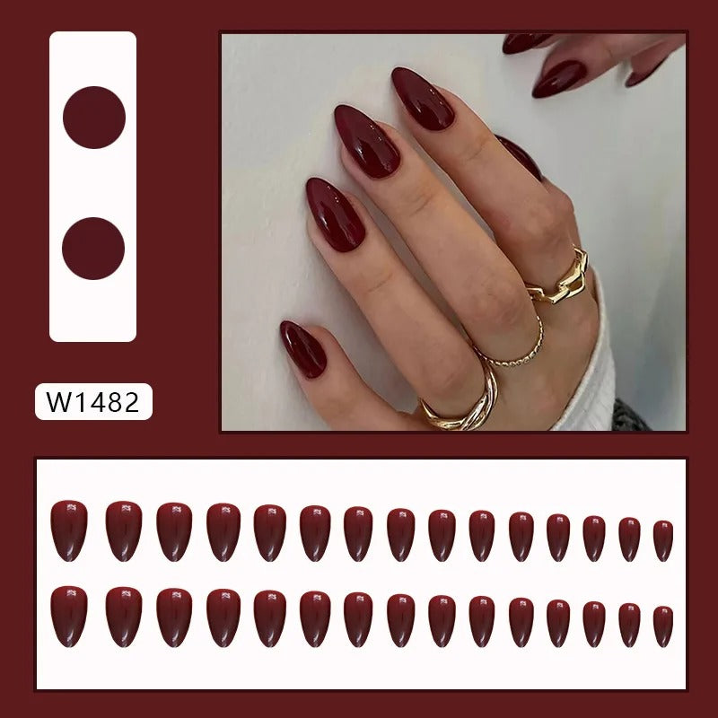24pcs Burgundy Almond Press on Nails[with nail glue stickers]