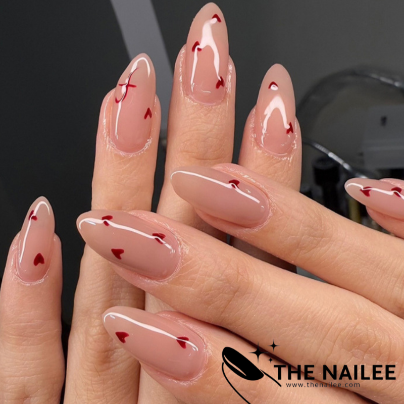 TN36 - Scarlet Hearts – Glossy Nude Almond Press-On Nails (24 pcs)