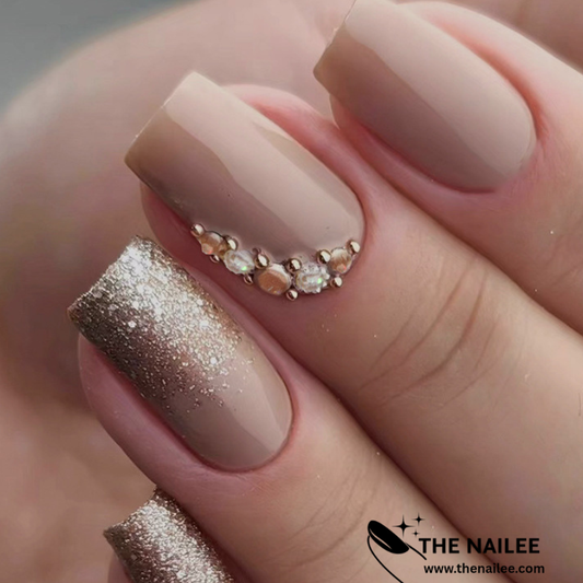 TN75 - Nude Bronze Glitter Ombré Jewel Accent Square Press-On Nails | 24 Pcs