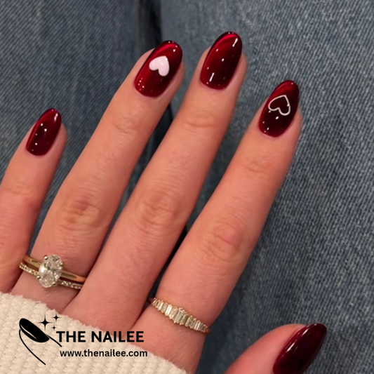 TN64 - Wine Red Heart Cat Eye Accent Almond Press-On Nails | 24 Pcs