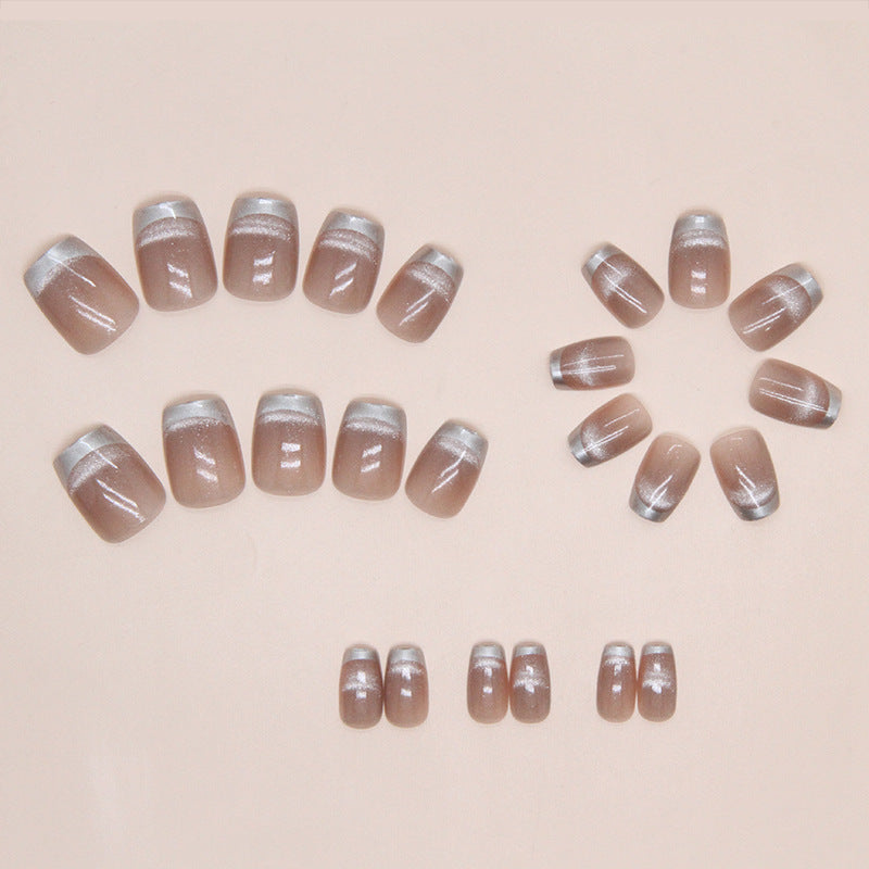 TN69 - Silver Metallic French Tip Glitter Press-On Nails | 24 Pcs