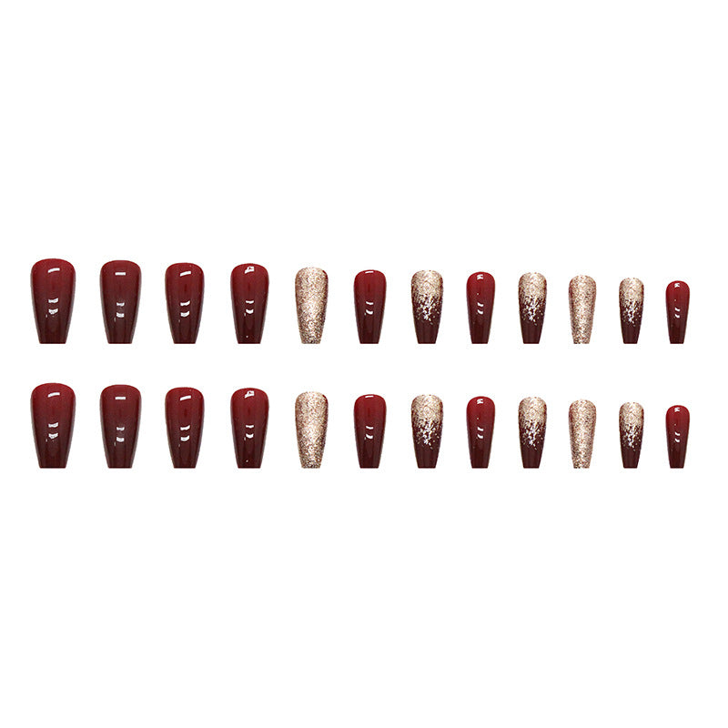 TN52 - Maroon & Gold Glitter Accent Coffin Press-On Nails | 24 Pcs