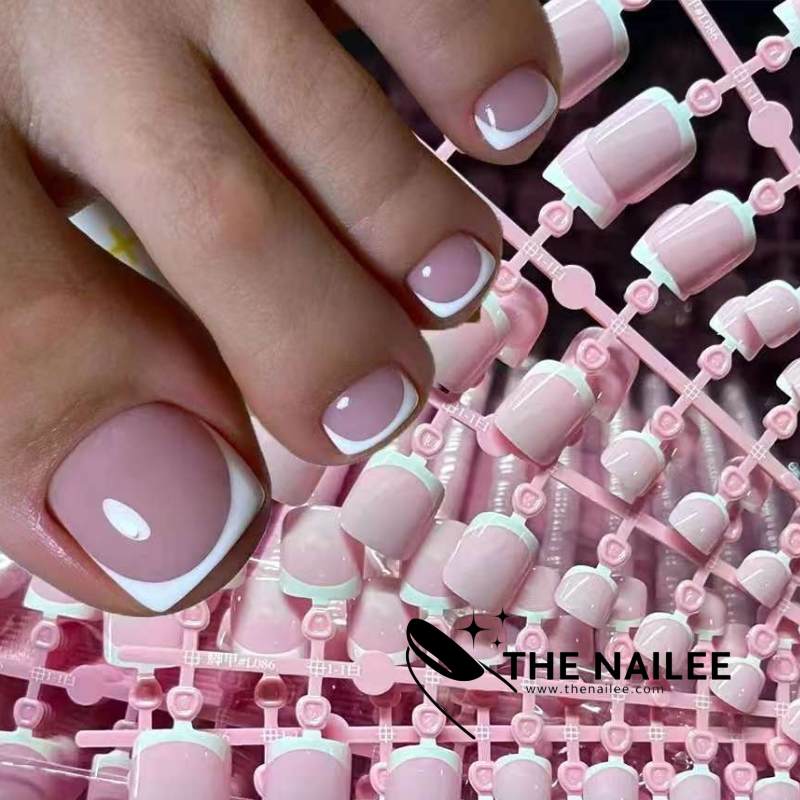 TN08- 24 pcs Pink French Press On Toe nails[with nail glue stickers and mini file]