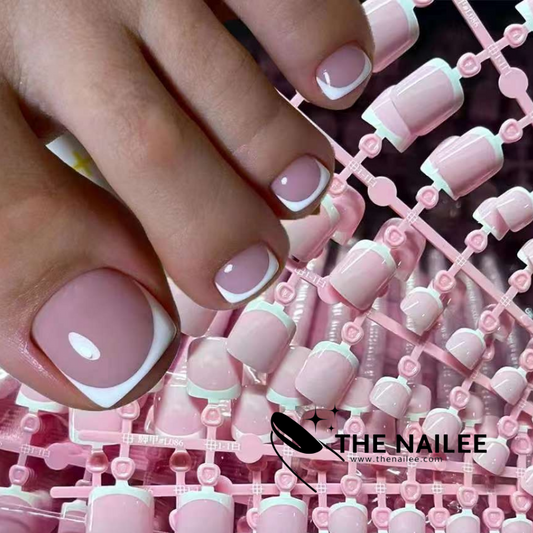 TN08- 24 pcs Pink French Press On Toe nails[with nail glue stickers and mini file]