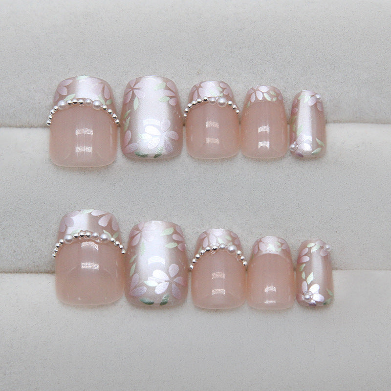 TN78- Pink Floral Pearl Accent Square Press-On Nails | 24 Pcs