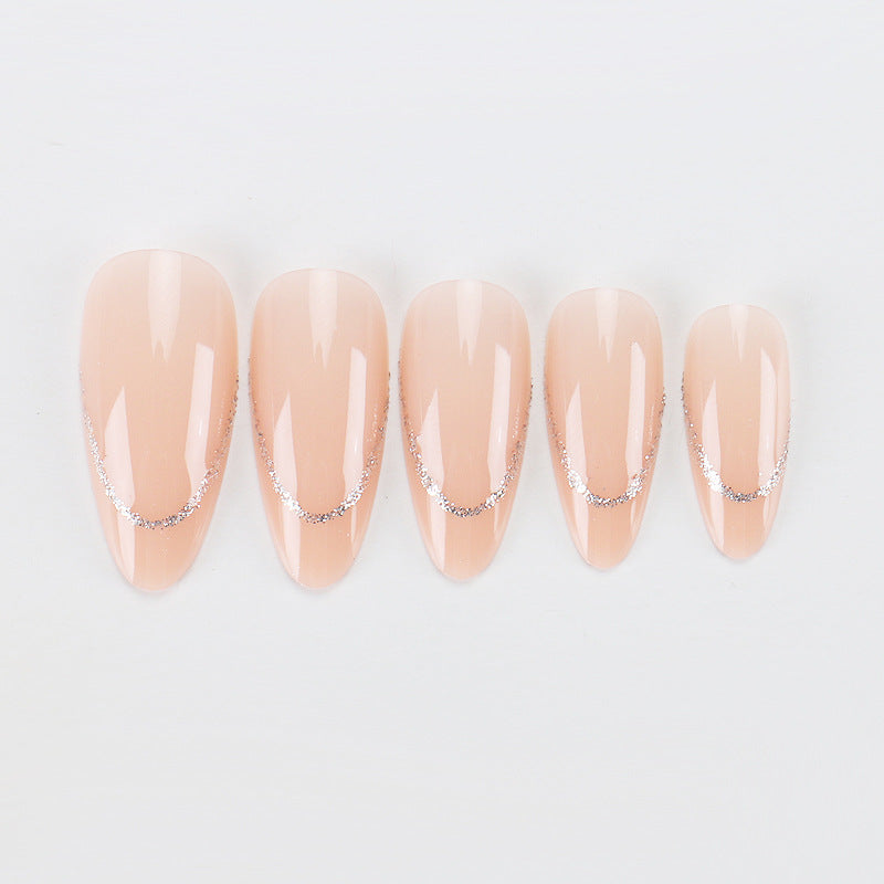TN54 - Nude PinkSilver Glitter Outline Almond Press-On Nails | 24 pcs