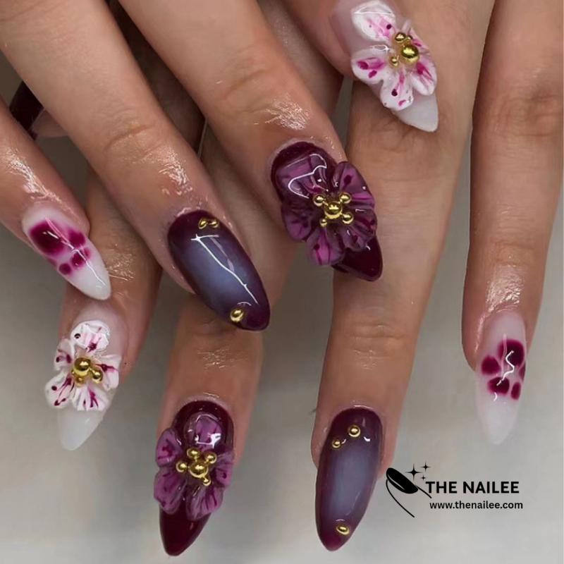 TN74 - 3D Purple Floral Gold Bead Almond Press-On Nails | 24 Pcs