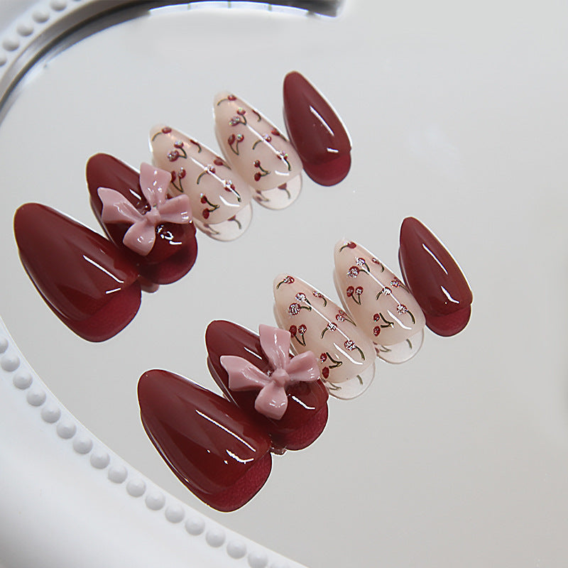 TN62 - Wine Red Floral & Bow Accent Almond Press-On Nails | 24 Pcs