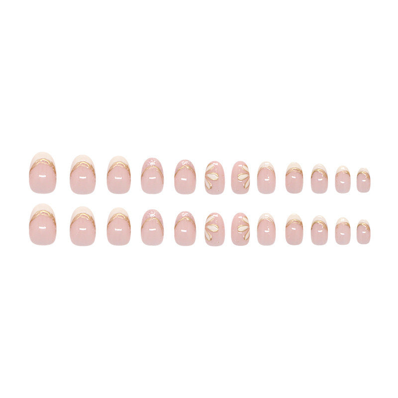 TN76-White Gold French Floral Outline Almond Press-On Nails | 24 Pcs