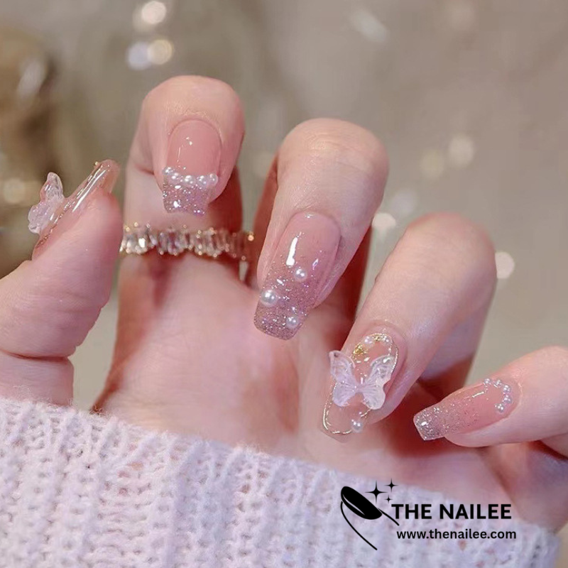 TN17 - Pink Butterfly Press on Nails 24 pcs [With Glue Stickers ]