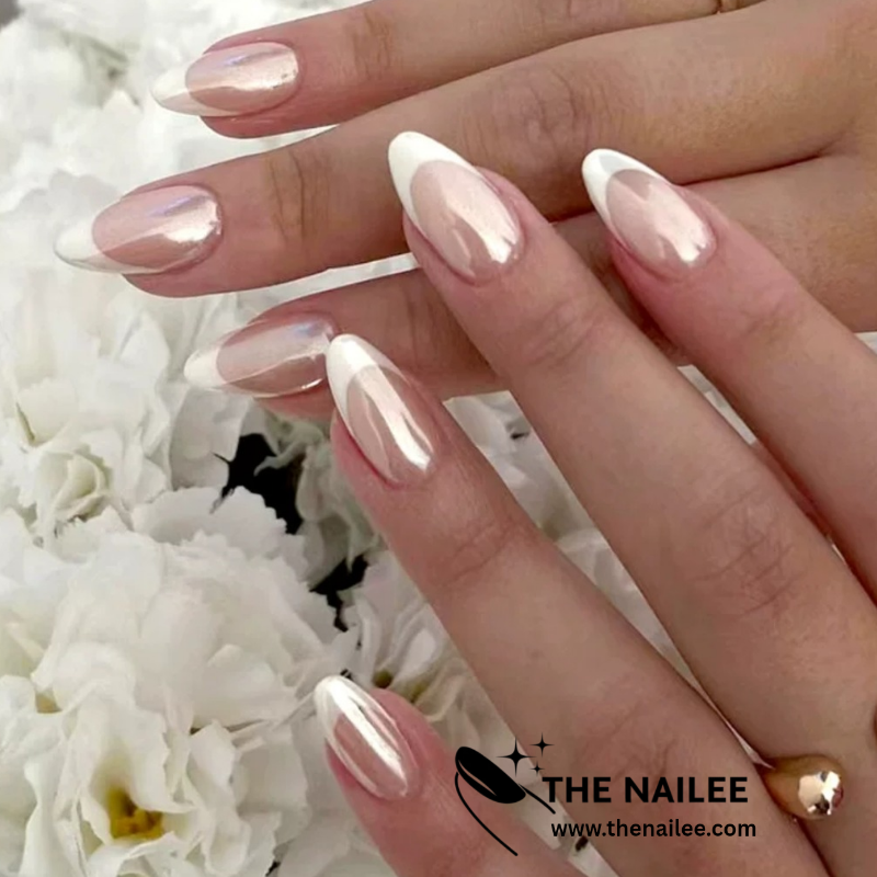 TN46 - Pearl Chrome French Tip Almond Press-On Nails | 24 Pcs