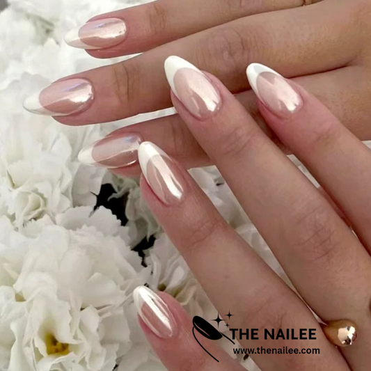 TN46 - Pearl Chrome French Tip Almond Press-On Nails | 24 Pcs