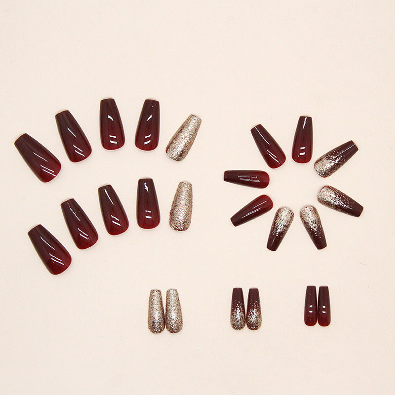 TN52 - Maroon & Gold Glitter Accent Coffin Press-On Nails | 24 Pcs