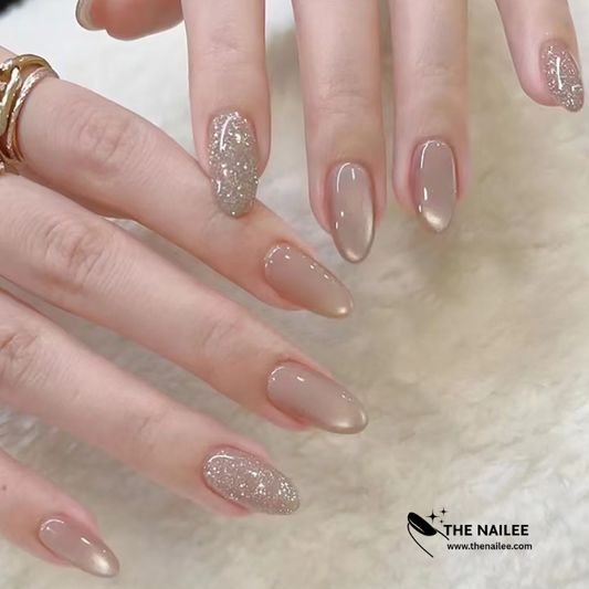 TN65 - Taupe Nude Cat Eye Glitter Accent Almond Press-On Nails | 24 Pcs