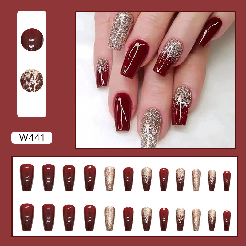 TN52 - Maroon & Gold Glitter Accent Coffin Press-On Nails | 24 Pcs