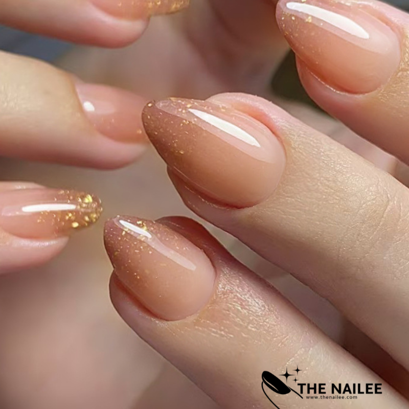 TN28 - ✨ 24 Pcs Nude Gold Glitter Press-On Nails ✨
