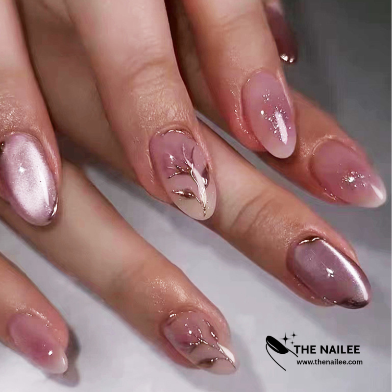TN57 - Lilac Chrome Floral Accent Almond Press-On Nails | 24 Pcs