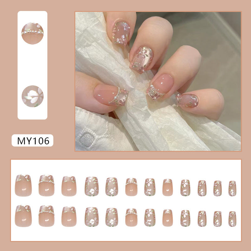 TN78- Pink Floral Pearl Accent Square Press-On Nails | 24 Pcs