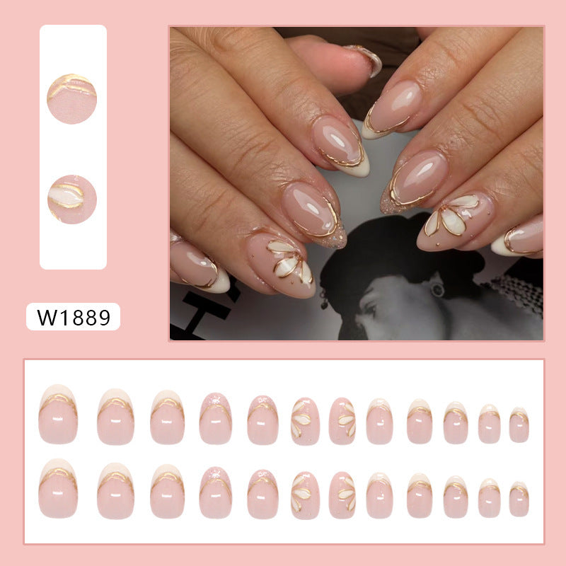 TN76-White Gold French Floral Outline Almond Press-On Nails | 24 Pcs