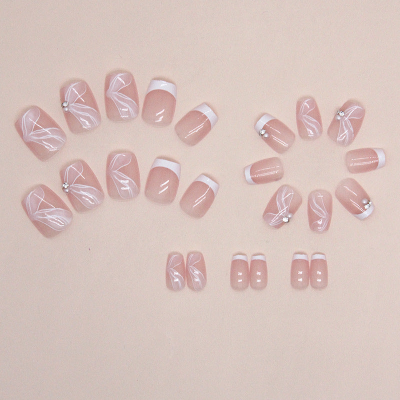 TN58 - French Tip Butterfly Bow Rhinestone Press-On Nails | 24 Pcs