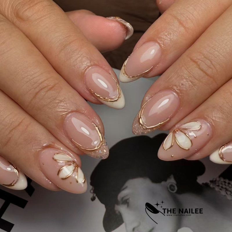 TN76-White Gold French Floral Outline Almond Press-On Nails | 24 Pcs