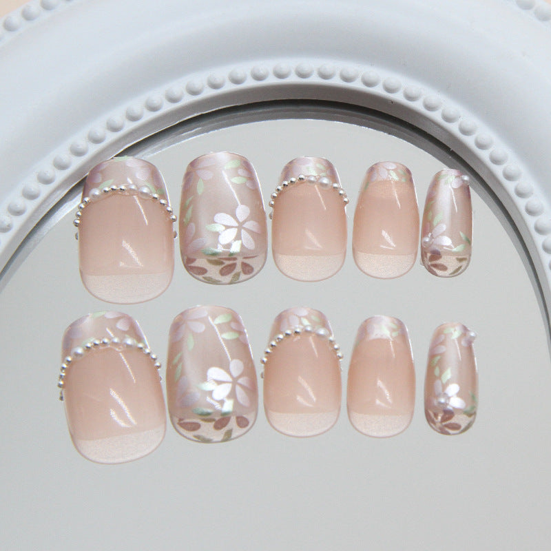 TN78- Pink Floral Pearl Accent Square Press-On Nails | 24 Pcs