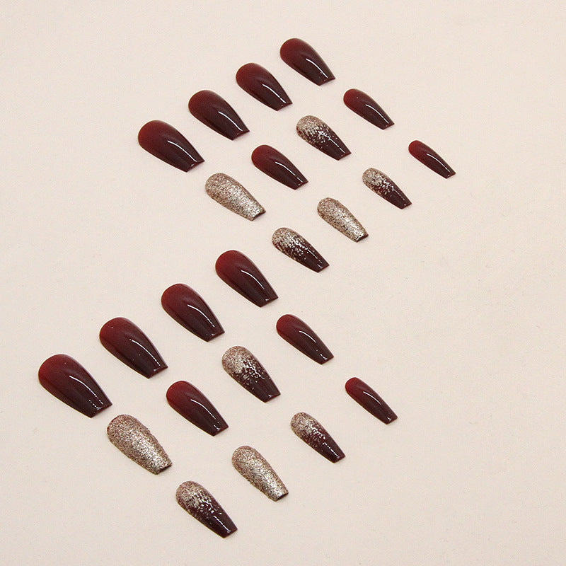 TN52 - Maroon & Gold Glitter Accent Coffin Press-On Nails | 24 Pcs