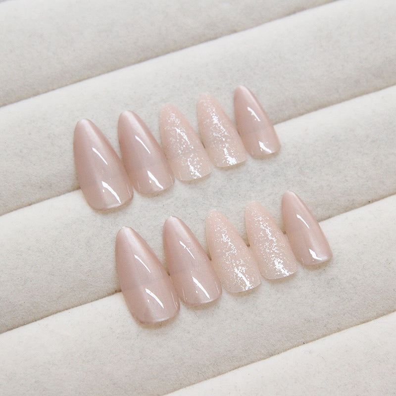 TN65 - Taupe Nude Cat Eye Glitter Accent Almond Press-On Nails | 24 Pcs
