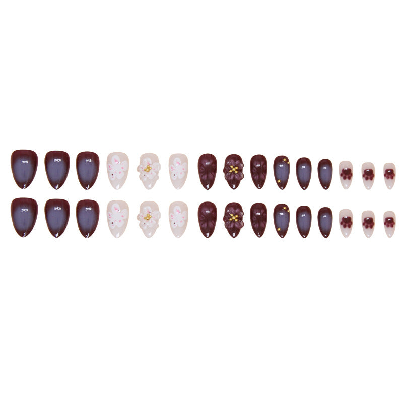 TN74 - 3D Purple Floral Gold Bead Almond Press-On Nails | 24 Pcs