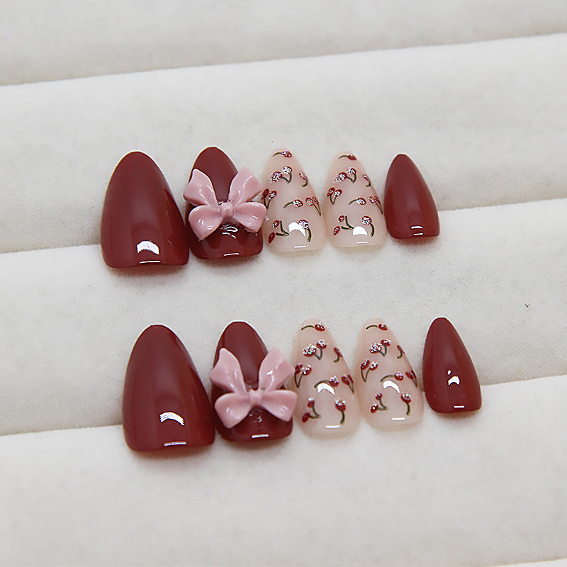 TN62 - Wine Red Floral & Bow Accent Almond Press-On Nails | 24 Pcs