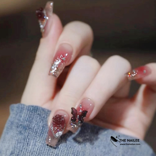 TN18 - 24Pcs Press on Nails Red Butterfly[With Glue Stickers ]