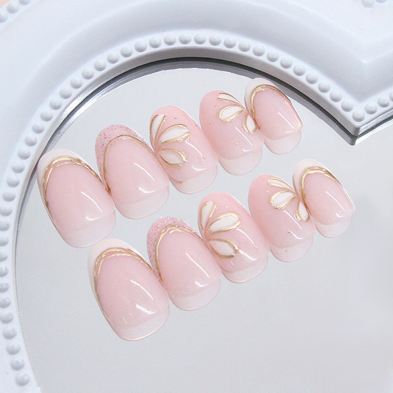 TN76-White Gold French Floral Outline Almond Press-On Nails | 24 Pcs