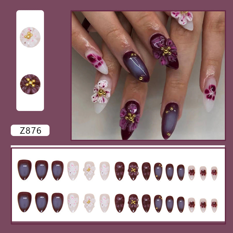 TN74 - 3D Purple Floral Gold Bead Almond Press-On Nails | 24 Pcs