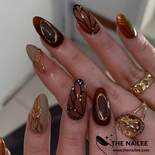 TN72 - Amber Butterfly Gemstone Press-On Nails | 24 Pcs Almond Set
