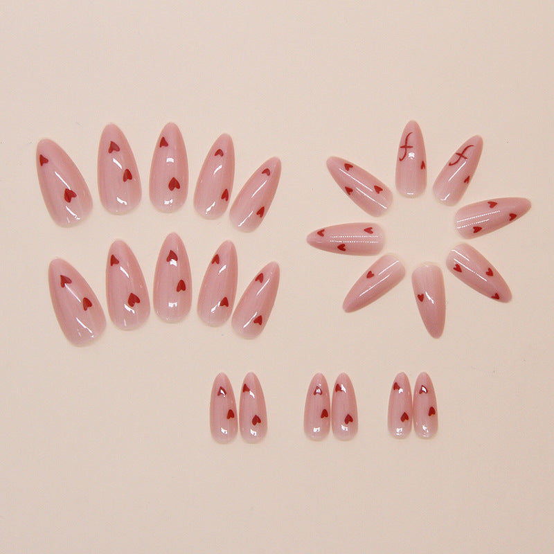 TN36 - Scarlet Hearts – Glossy Nude Almond Press-On Nails (24 pcs)
